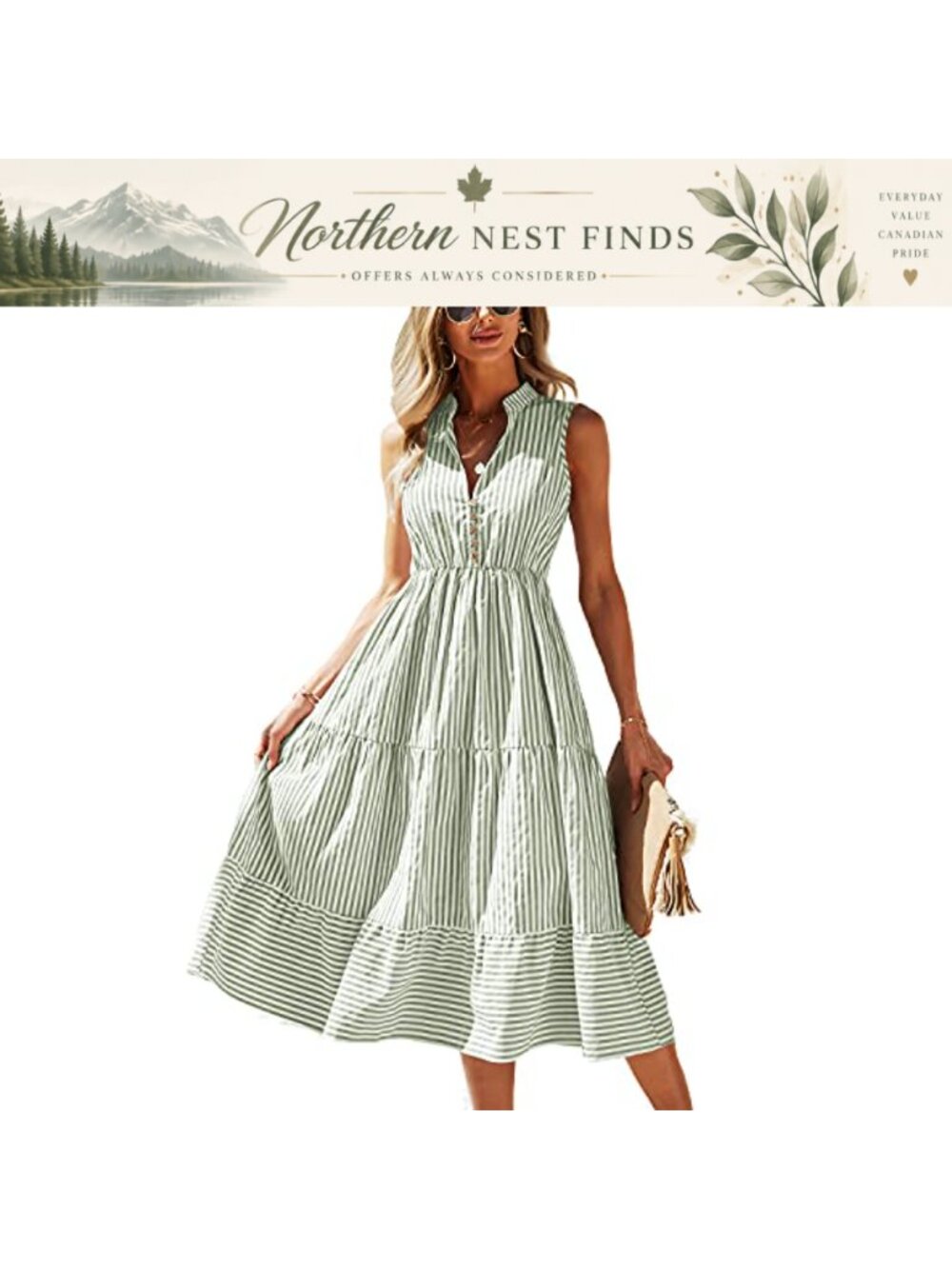 Women Summer Sleeveless V Neck Button Front Striped Midi Shirt Dress